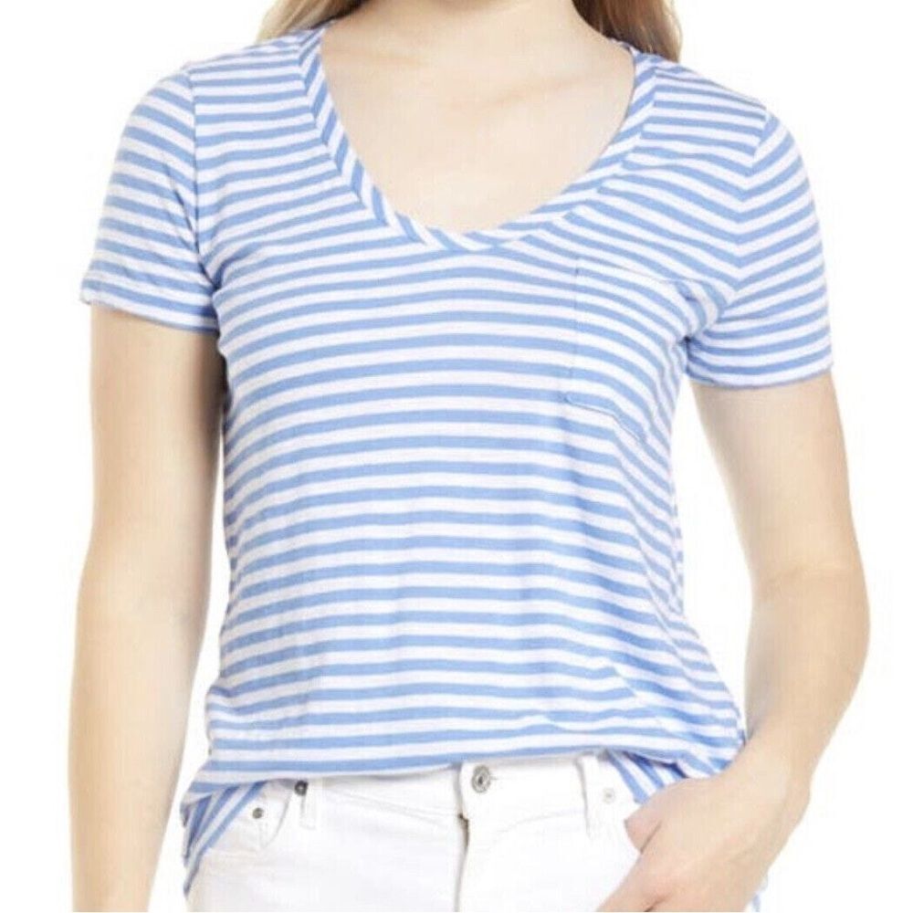 CASLON V-Neck Short Sleeve Pocket Striped T-Shirt XS